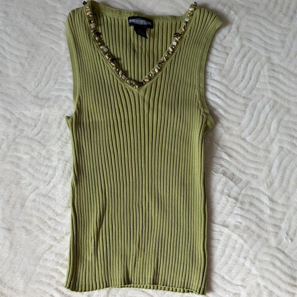 Vintage World Republic  Sleeveless Shell Top Size Large Green Beaded Trim